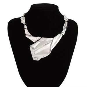 Crumpled Molten Metal Brut Necklace Silver Brutalist Collar AP23
